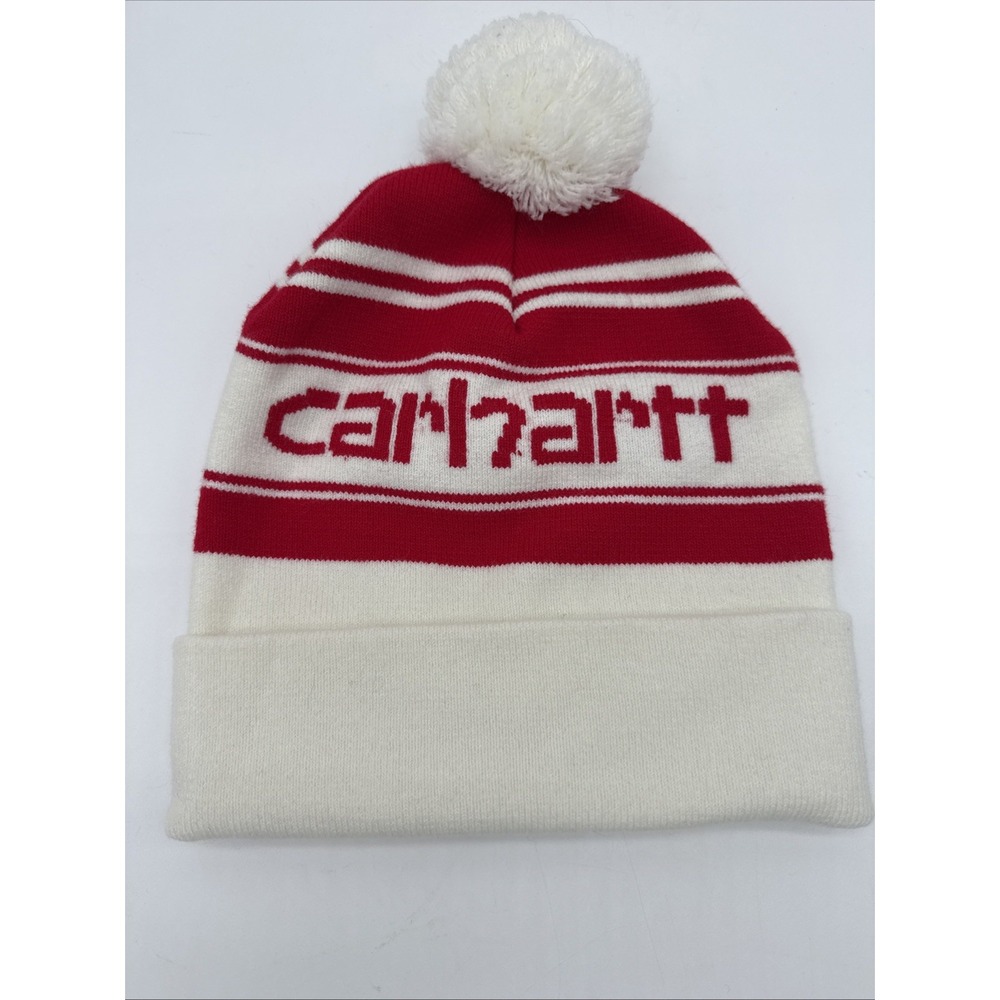 Carhartt Knit PomPom Cuffed Logo Beanie Red & White Stocking Hat New - Picture 5 of 6